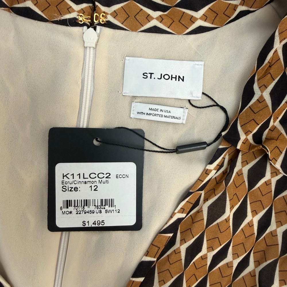 St. John NWT Whitney Mosaic Ecru Cinnamon Multi Geometric Print Midi Dress 12 - Picture 5 of 9